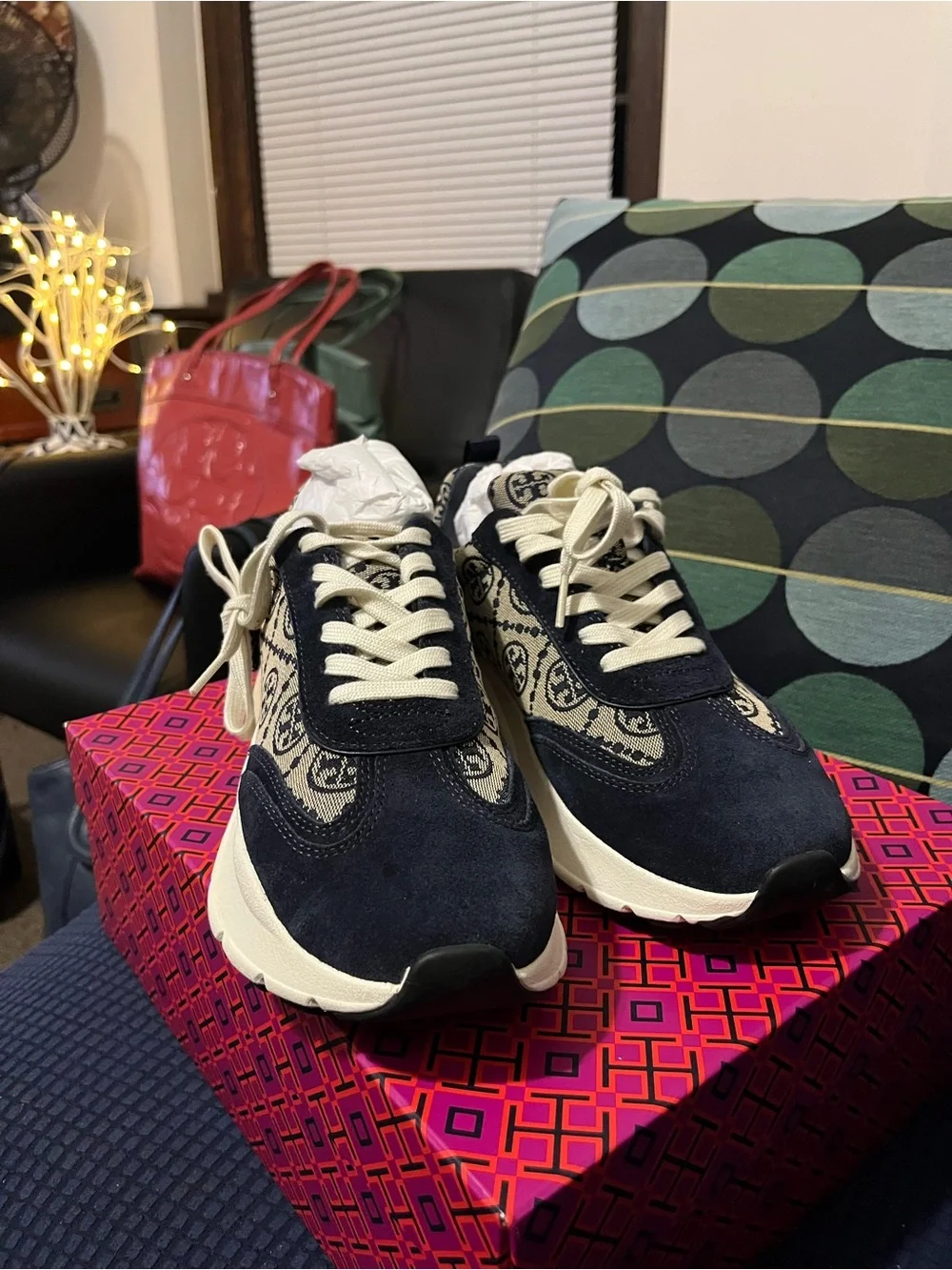 Tory Burch Navy and Cream Logo Platform Sneakers, New